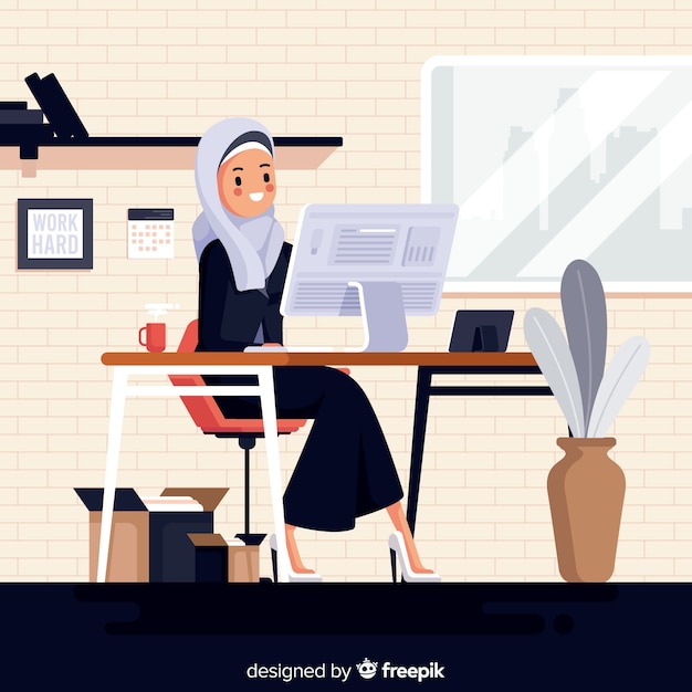 Illustration of muslim woman working at the office