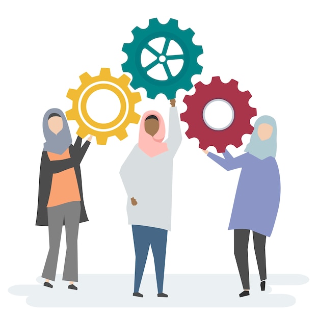 Free Vector illustration of muslim women characters with cogwheels