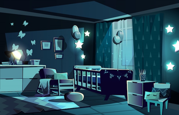 Free Vector illustration of newborn kid or nursery room at night in moonlight.