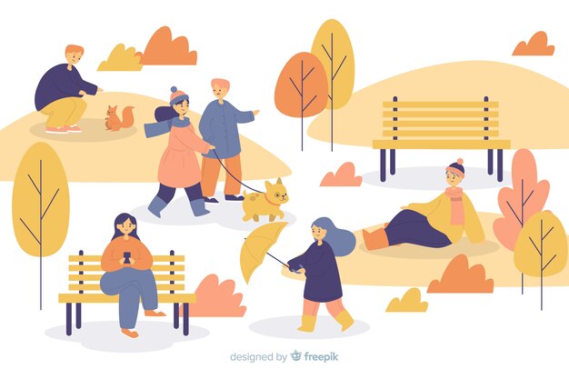 Illustration of people in the autumn park