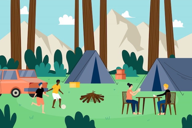 Illustration of people camping in nature