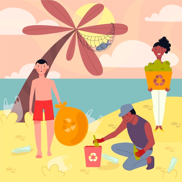 Illustration of people cleaning beach