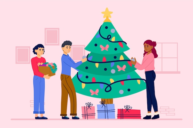 Illustration people decorating christmas tree with ornaments