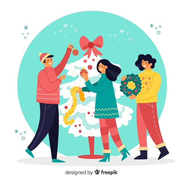 Free Vector illustration people decorating christmas tree