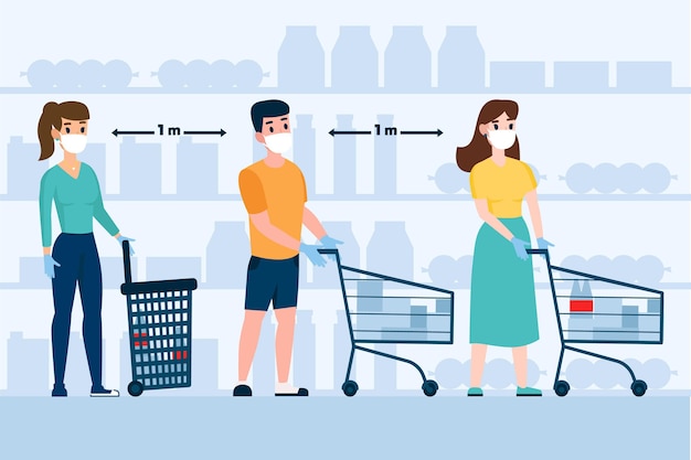 Illustration of people staying in a queue at the supermarket