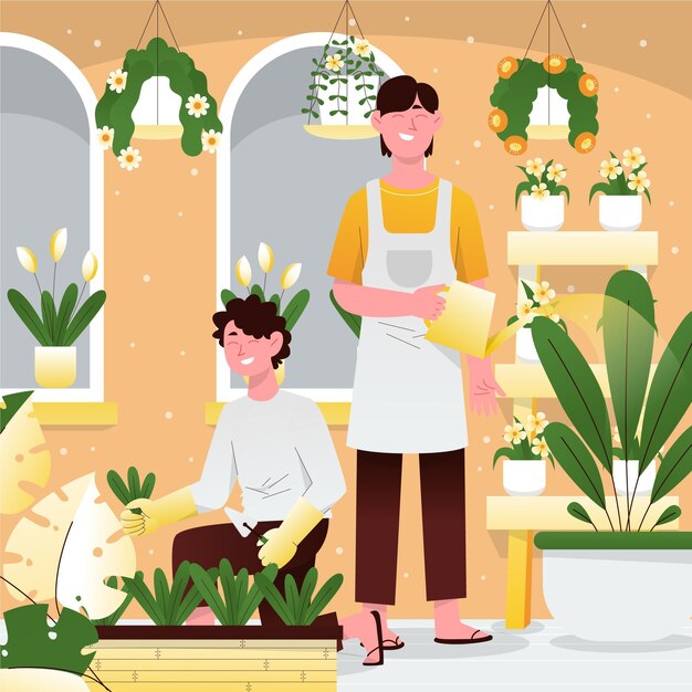 Illustration of people taking care of plants