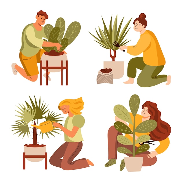 Illustration of people taking care of plants