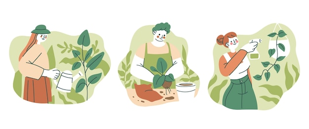 Illustration of people taking care of plants