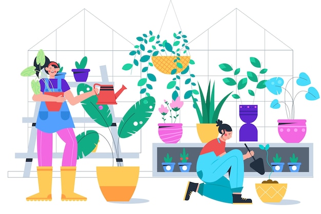 Illustration of people taking care of plants