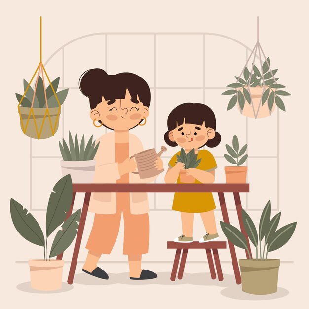 Illustration of people taking care of plants