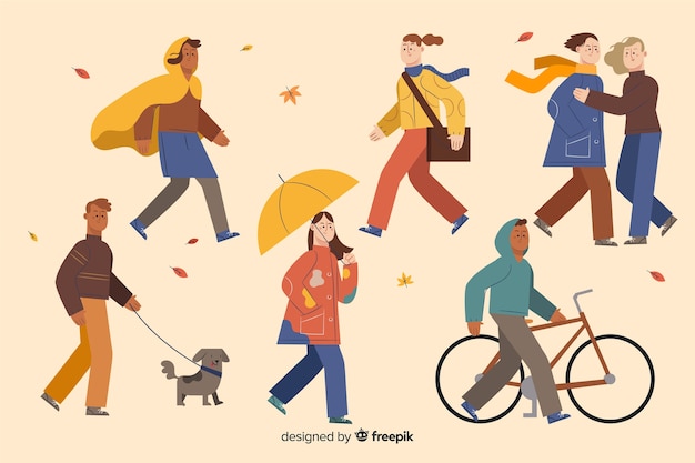 Free vector illustration of people walking in autumn