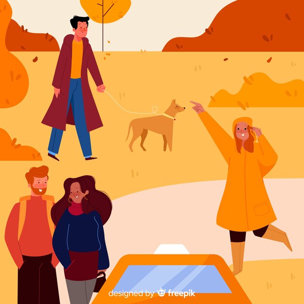 Illustration of people walking in autumn