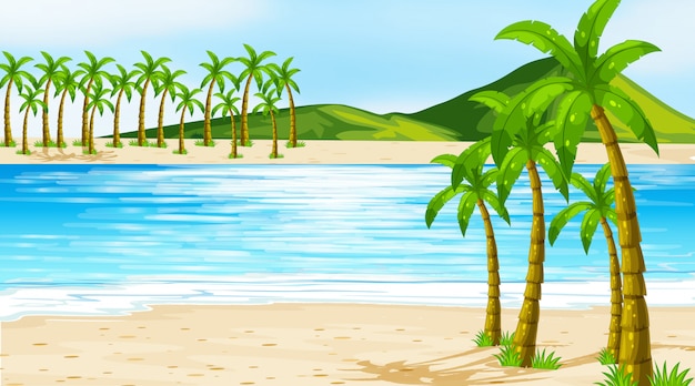 illustration scene with coconut trees on the beach