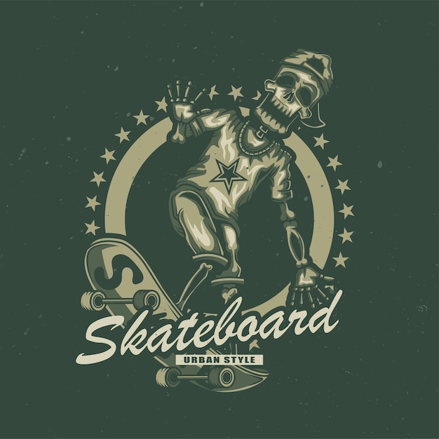 Illustration of skeleton on skate board