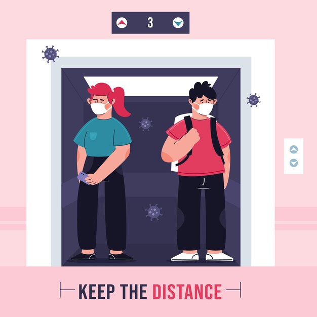 Illustration of social distancing in an elevator