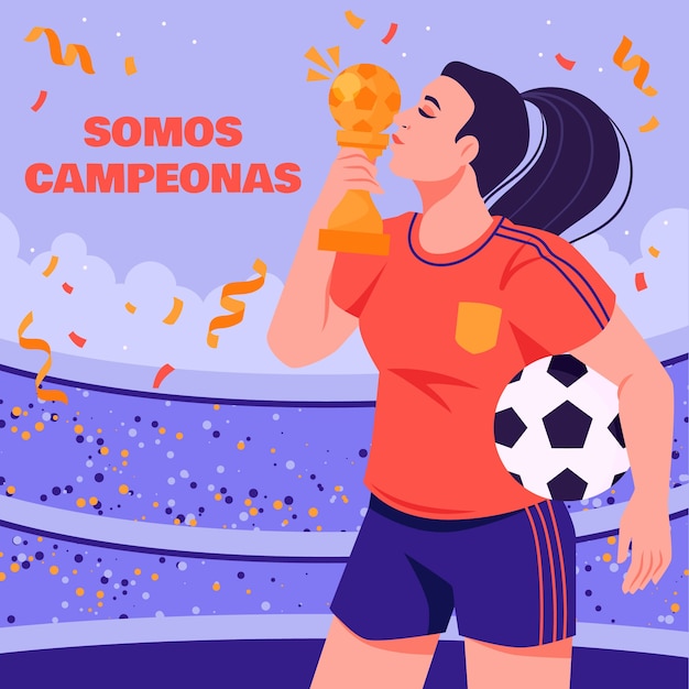 Illustration of spanish football player kissing the trophy at the stadium