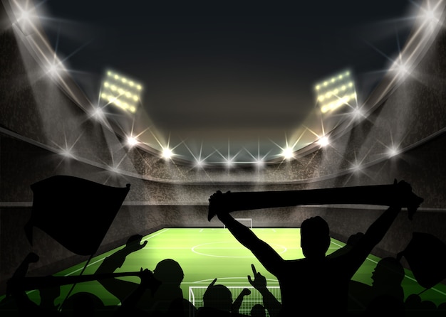 Free Vector illustration of stadium with bright spotlight illuminates green football field and fans silhouettes