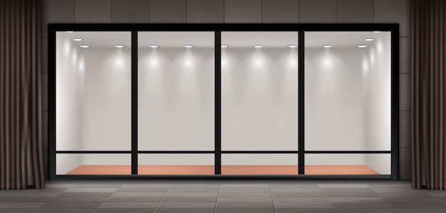 illustration of storefront, glass illuminated showcase for presentations and museum exhibition