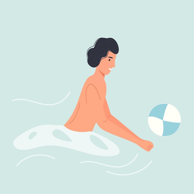 Illustration of a Swimmer Pushing a Beach Ball in Calm Blue Water