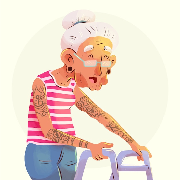 Illustration of tattooed old person