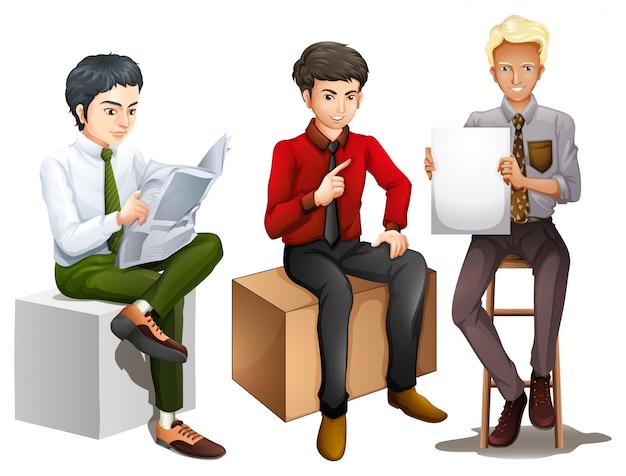 Free Vector illustration of the three men sitting down while reading, talking and holding an empty board on a white background