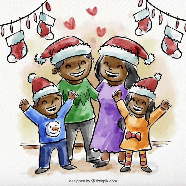 Free vector illustration of watercolor happy family with santa claus hats