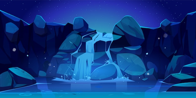 Free Vector illustration of waterfall and rocks at night