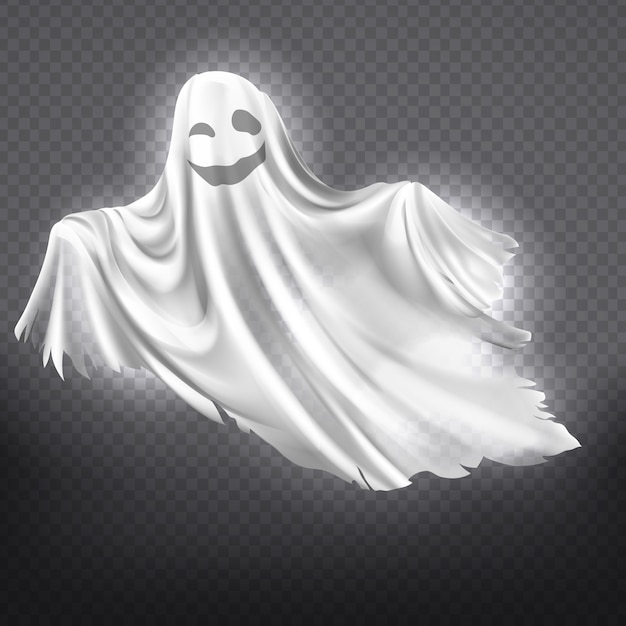 illustration of white ghost, smiling phantom silhouette isolated on transparent background. 