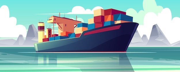 Free vector illustration with a dry-cargo ship at sea, ocean. commerce shipping, delivery of goods.