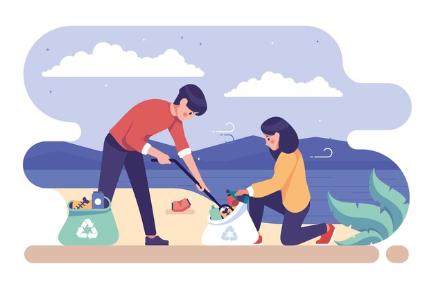 Illustration with people cleaning beach concept