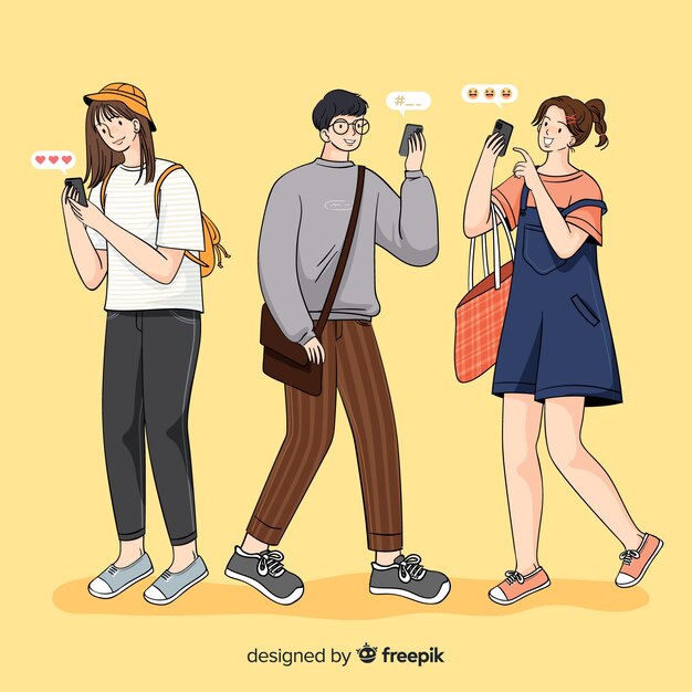 Illustration with people group holding smartphones