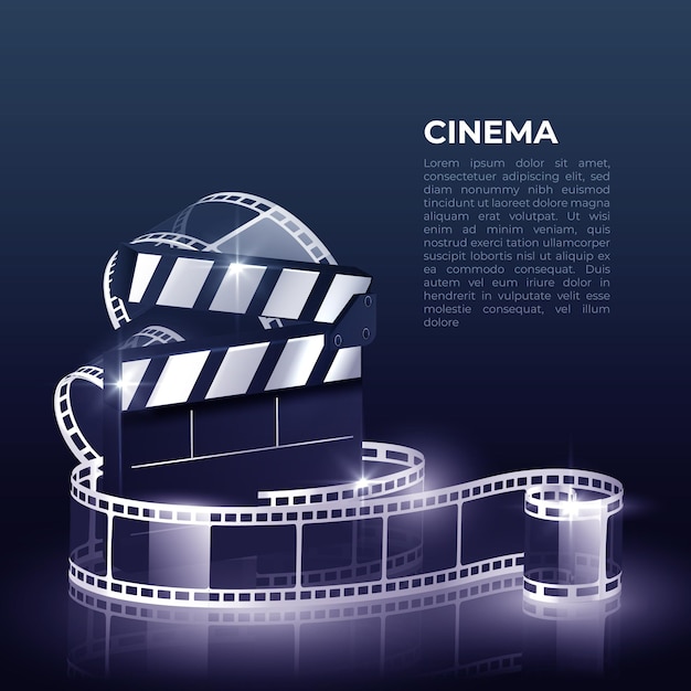 Illustration with reel, film and clapperboard on white background.