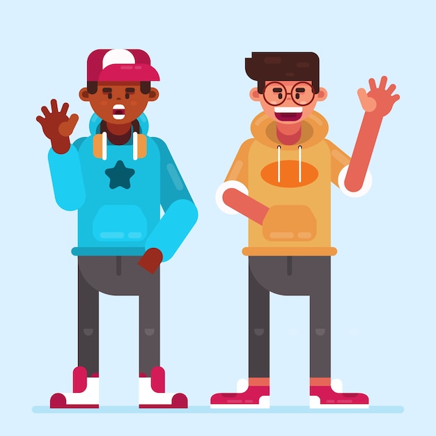 Free Vector illustration with teenagers waving hand