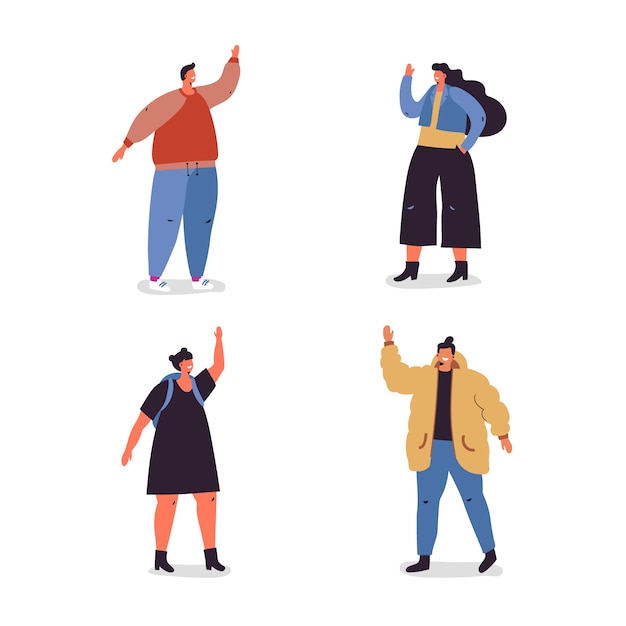 Free vector illustration with youths group waving