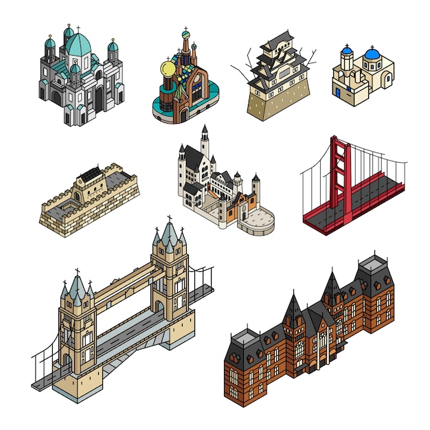 Free vector illustration of world well known tourist spots collection