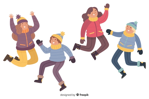 Illustration of young people jumping while wearing winter clothes