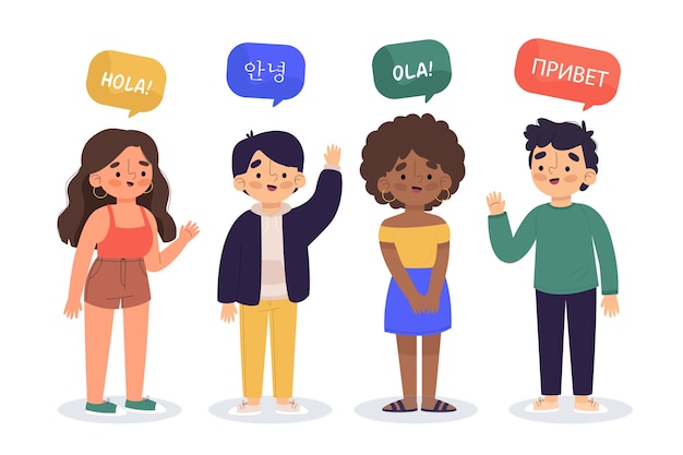 Illustration of young people talking in different languages pack