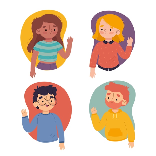 Illustration of young people waving hand collection