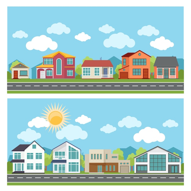 Free vector illustrations with cottage houses in flat design style.