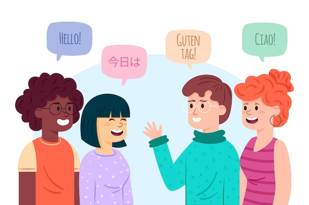 Illustrations of young people talking in different languages collection