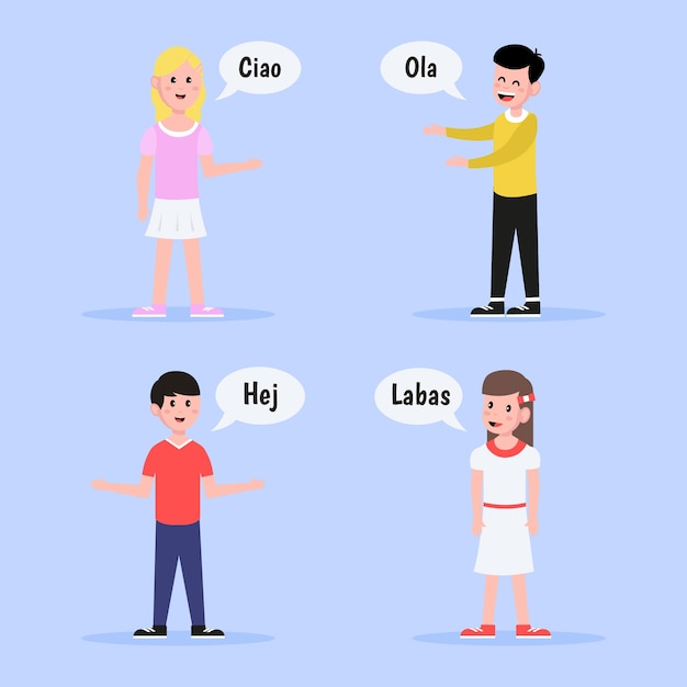 Illustrations young people talking in different languages pack