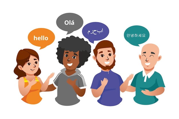 Illustrations of young people talking in different languages set