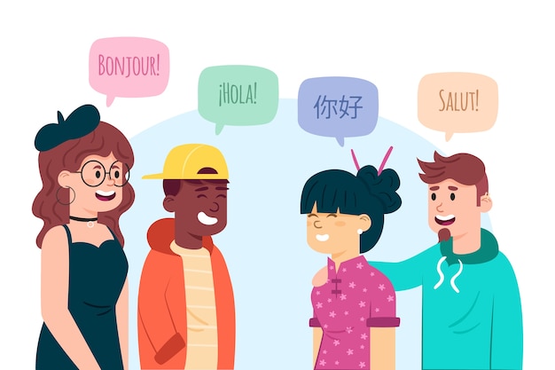 Illustrations of young people talking in different languages