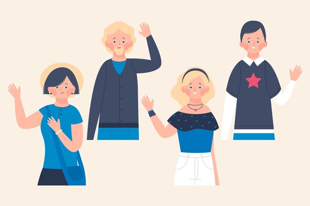 Illustrations of young people waving hand collection