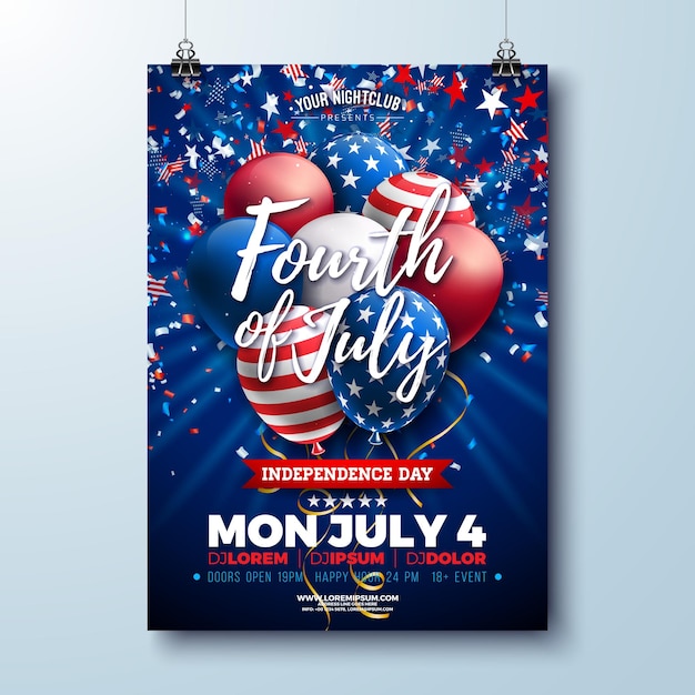 Independence Day of the USA Party Flyer Design with American Flag Pattern Party Balloon and Confetti