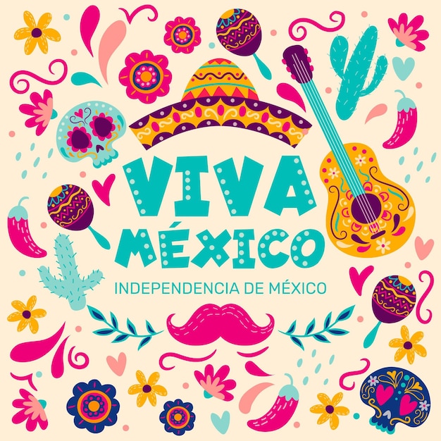 Independencia de méxico hand drawn background with musical instruments