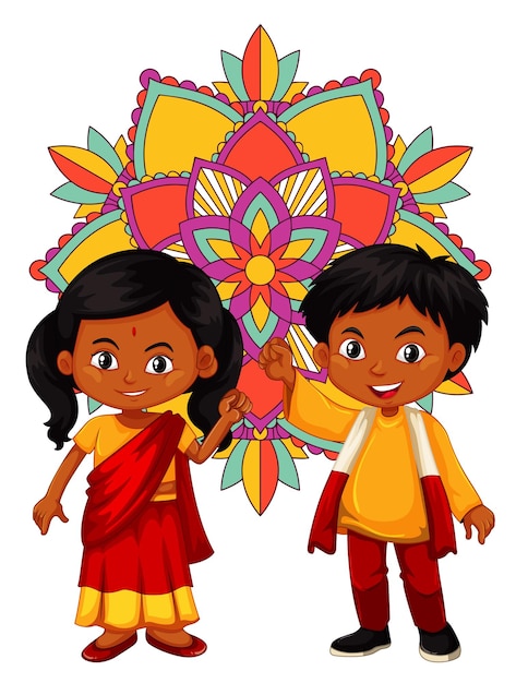 Free vector indian boy and girl with mandala pattern in background