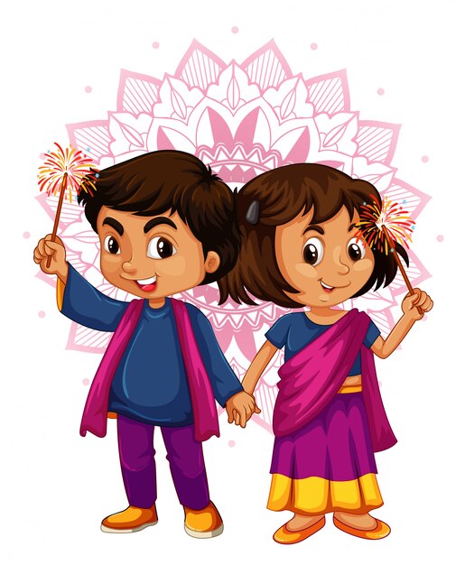 Indian boy and girl with mandala pattern in