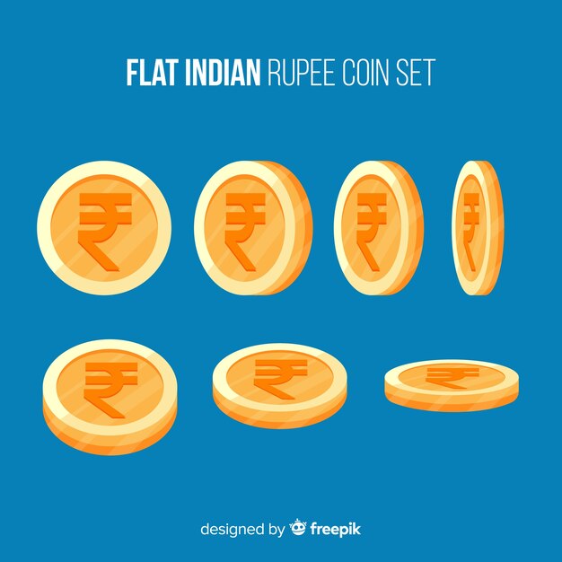 Indian rupee coin set in different positions