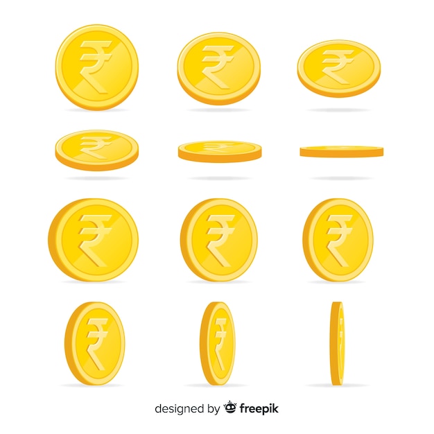 Indian rupee coin set in different positions